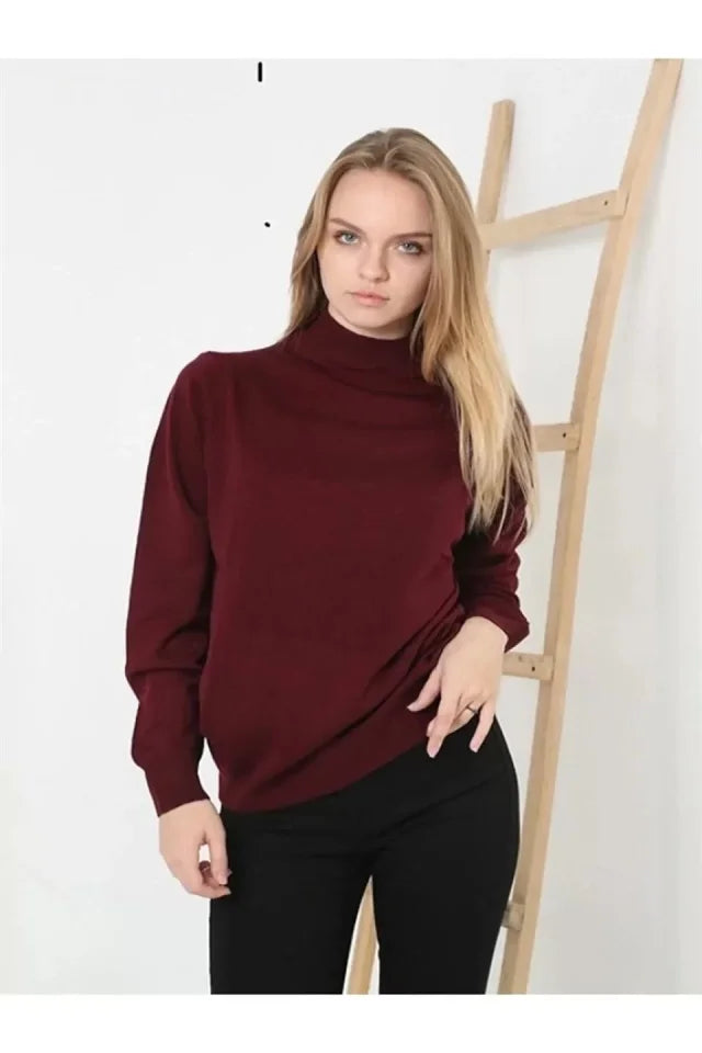 Sweter Z Dzianiny Z Półgolfem - Bordowo-czerwony