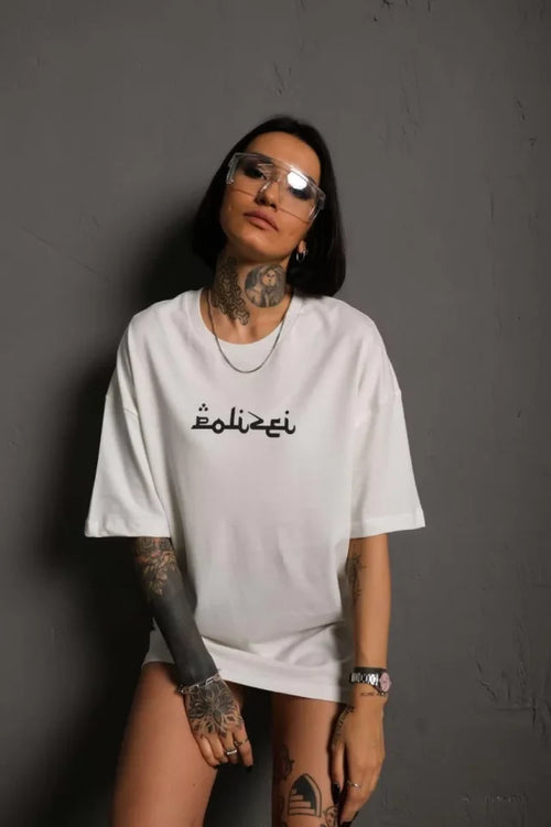 T-shirt Oversize Z Okrągłym Dekoltem I Nadrukiem Na Plecach – Biały