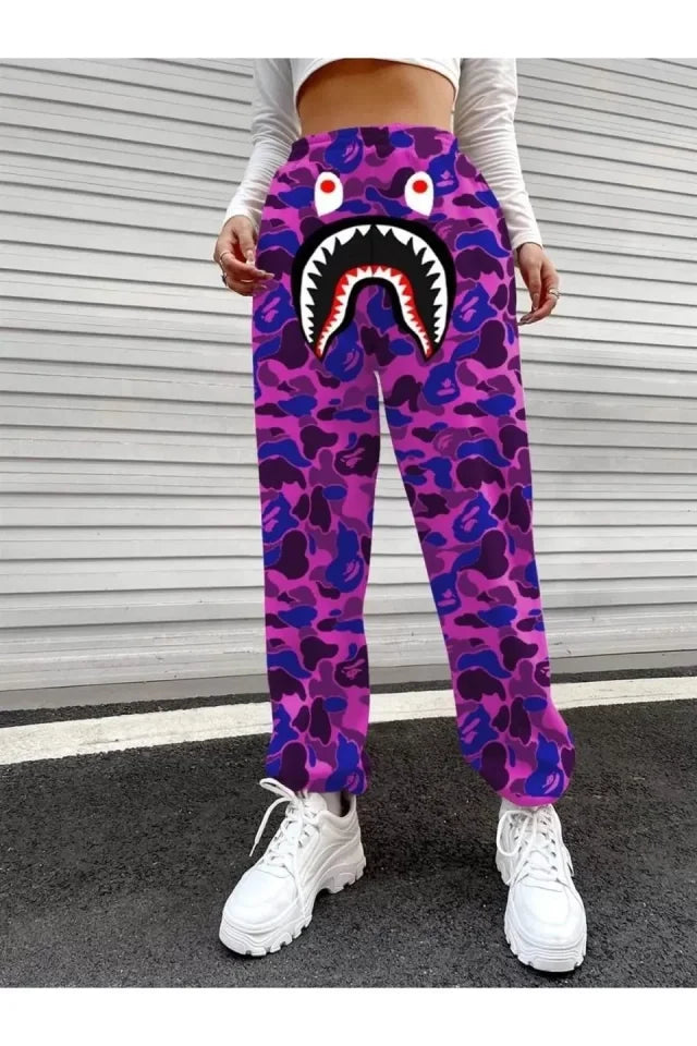 Spodnie Dresowe Bape Shark Z Nadrukiem Cyfrowym - Fioletowe