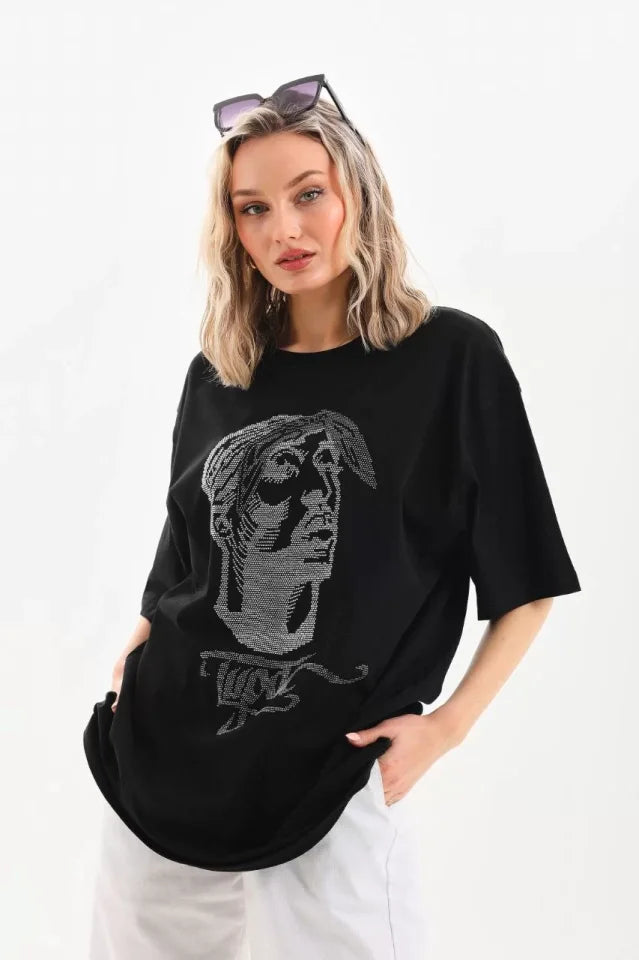 T-shirt Oversize Unisex Z Kamiennym Wzorem - Czarny