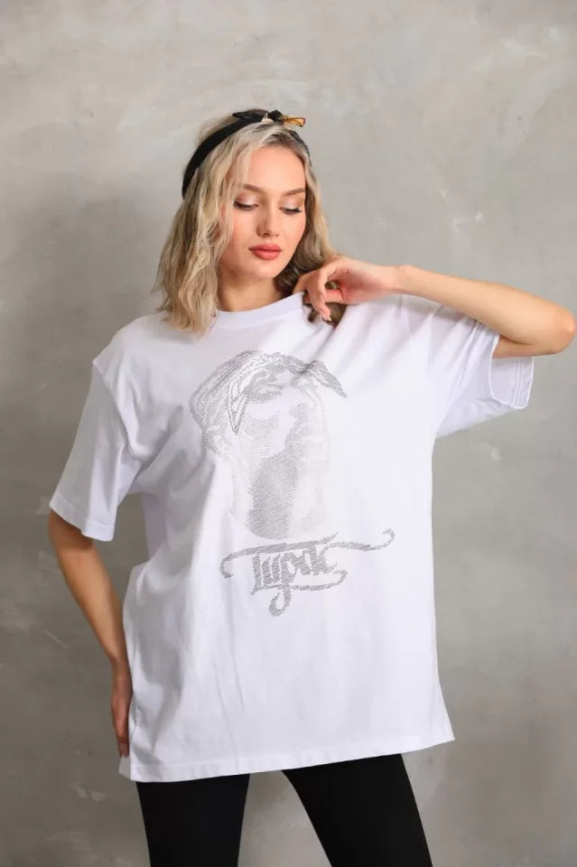 T-shirt Oversize Unisex Z Kamiennym Wzorem - Biały