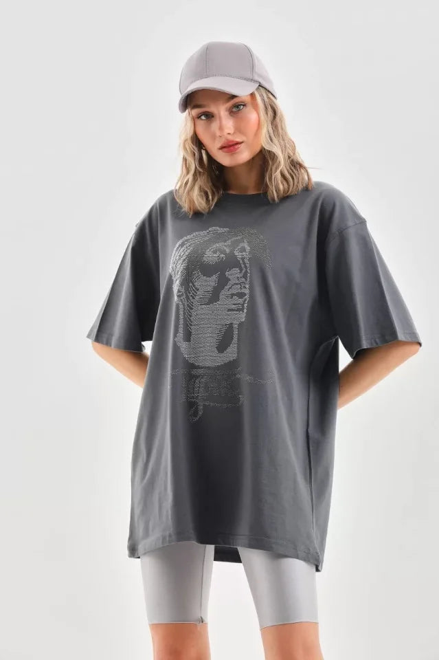 T-shirt Unisex Oversize Z Wzorem W Kamienie - Przydymiony