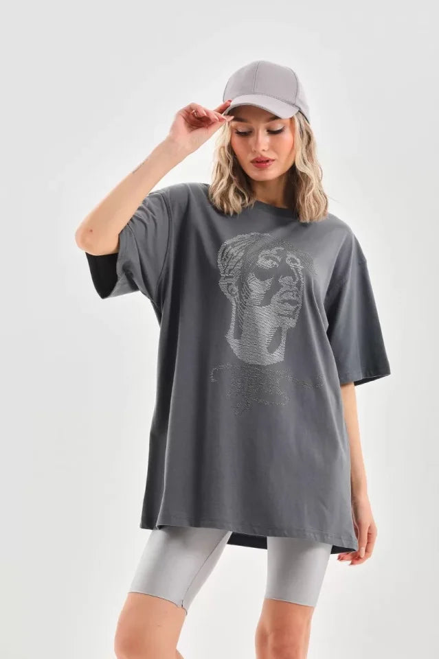 T-shirt Unisex Oversize Z Wzorem W Kamienie - Przydymiony