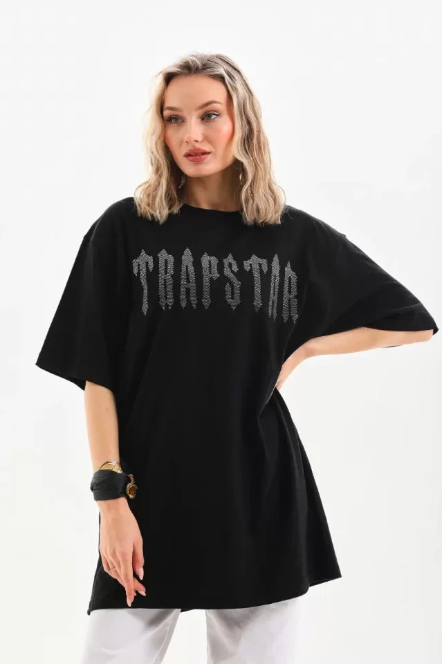 T-shirt Oversize Unisex Z Kamiennym Wzorem - Czarny