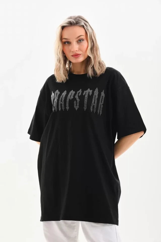 T-shirt Oversize Unisex Z Kamiennym Wzorem - Czarny