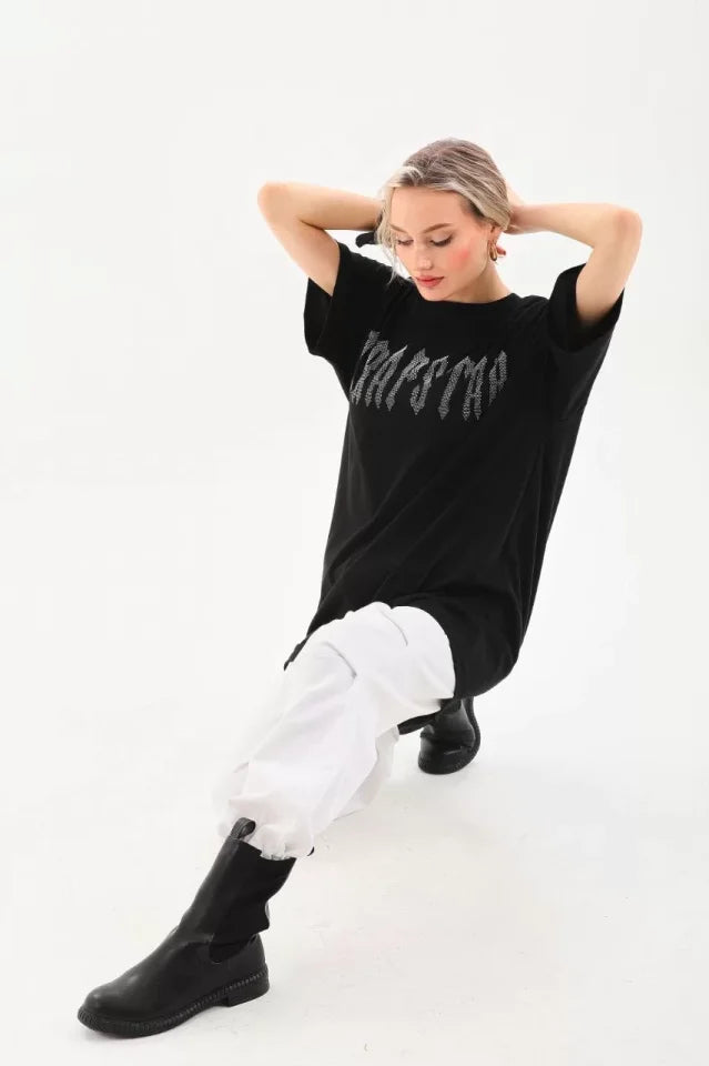 T-shirt Oversize Unisex Z Kamiennym Wzorem - Czarny