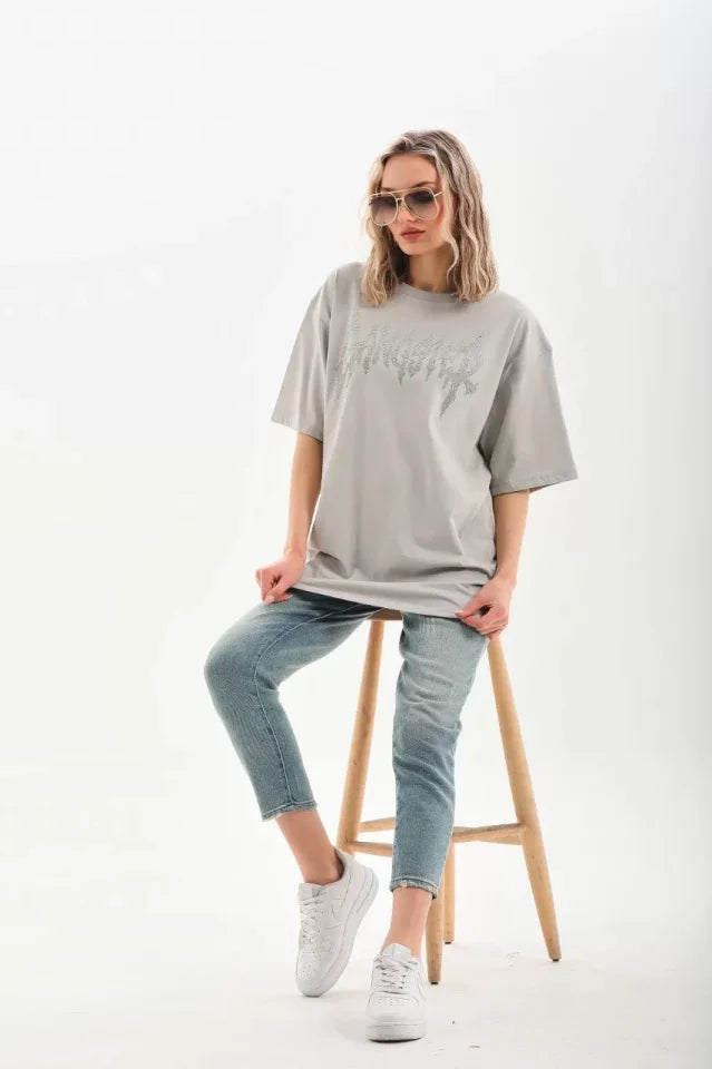 T-shirt Oversize Unisex Z Kamiennym Wzorem - Szary