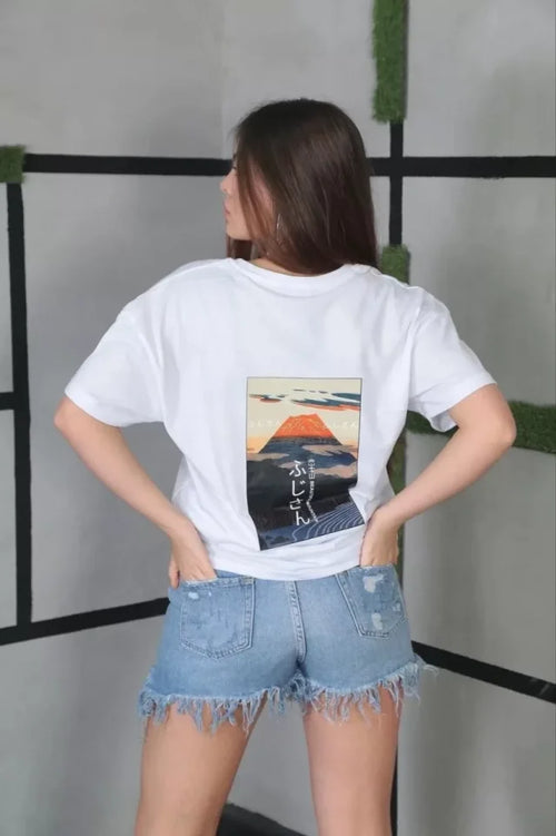 T-shirt Oversize Unisex Z Okrągłym Dekoltem I Nadrukiem - Biały