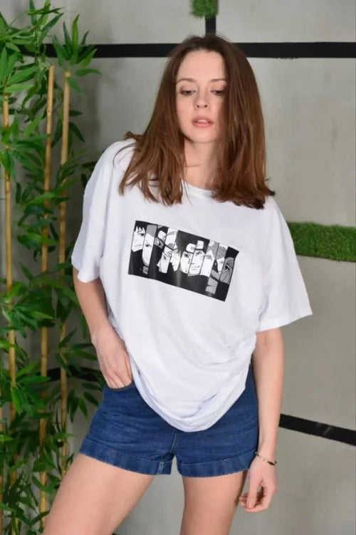 T-shirt Oversize Unisex Z Okrągłym Dekoltem I Nadrukiem - Biały