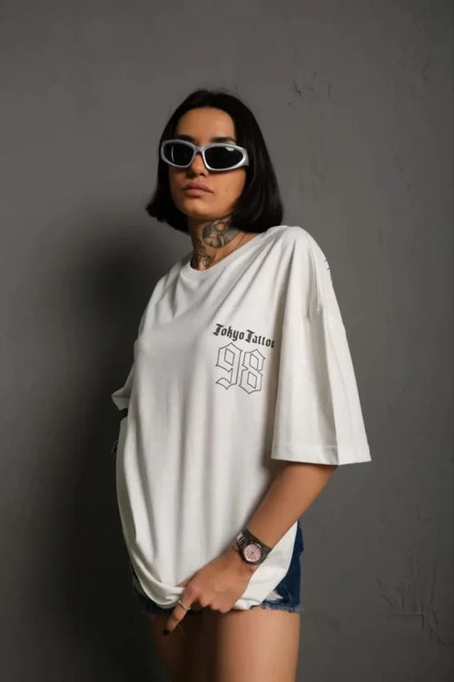 T-shirt Oversize Unisex Z Okrągłym Dekoltem I Nadrukiem - Biały