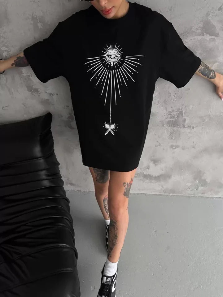 T-shirt Oversize Unisex Z Okrągłym Dekoltem I Nadrukiem - Czarny