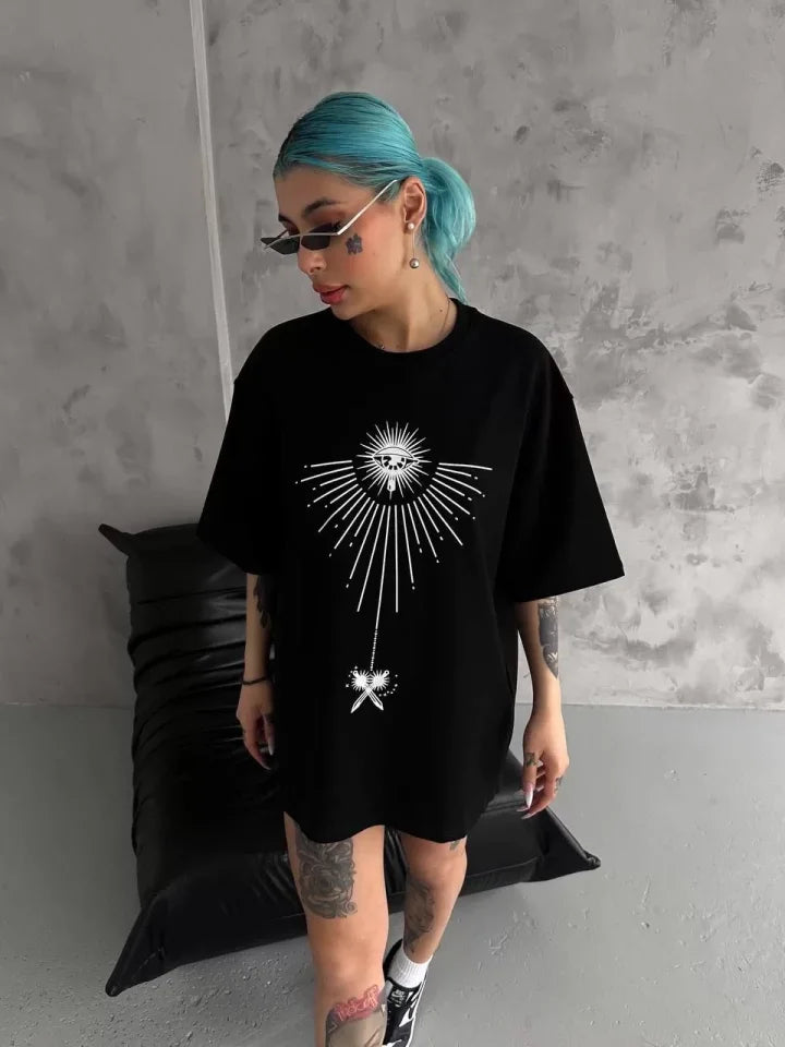 T-shirt Oversize Unisex Z Okrągłym Dekoltem I Nadrukiem - Czarny