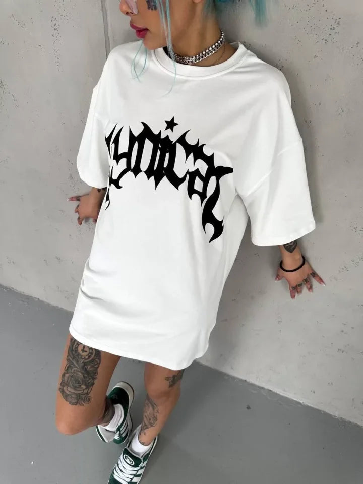 T-shirt Oversize Unisex Z Okrągłym Dekoltem I Nadrukiem - Biały