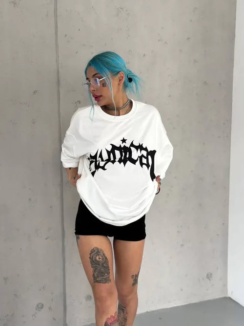 T-shirt Oversize Unisex Z Okrągłym Dekoltem I Nadrukiem - Biały