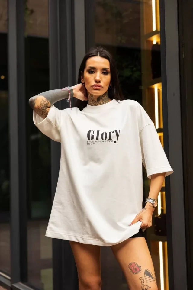 T-shirt Oversize Unisex Z Okrągłym Dekoltem I Nadrukiem - Biały