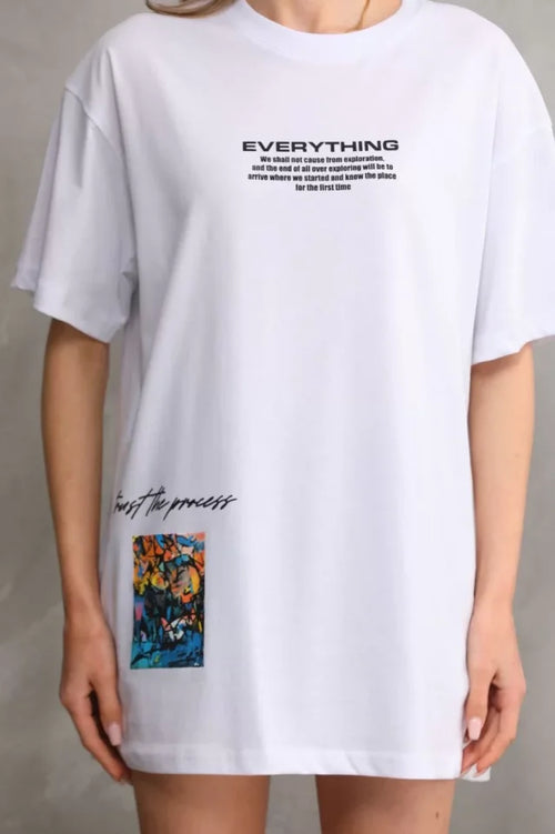 T-shirt Oversize Unisex Z Okrągłym Dekoltem I Nadrukiem - Biały