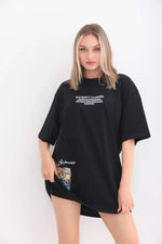 T-shirt Oversize Unisex Z Okrągłym Dekoltem I Nadrukiem - Czarny