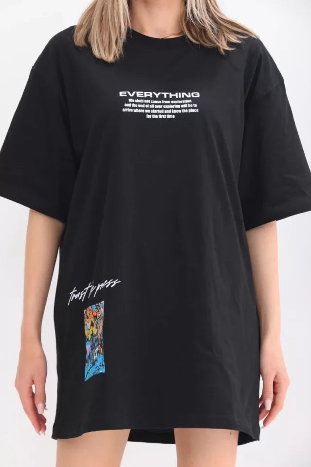 T-shirt Oversize Unisex Z Okrągłym Dekoltem I Nadrukiem - Czarny