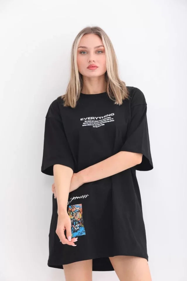 T-shirt Oversize Unisex Z Okrągłym Dekoltem I Nadrukiem - Czarny