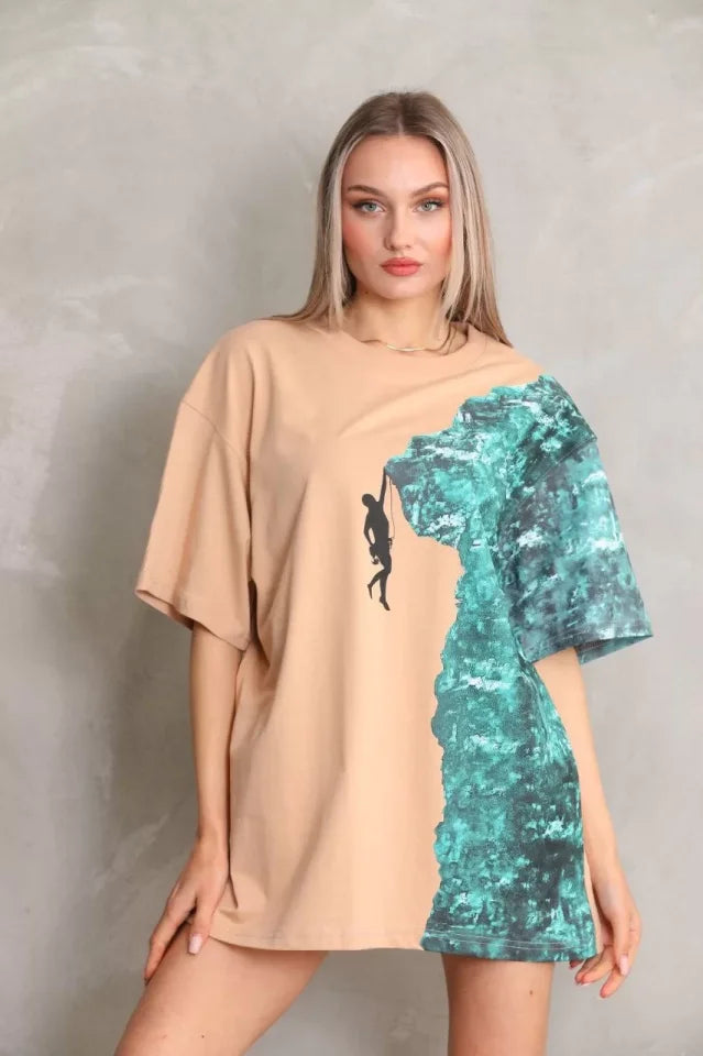 T-shirt Oversize Unisex Z Okrągłym Dekoltem I Nadrukiem - Beżowy