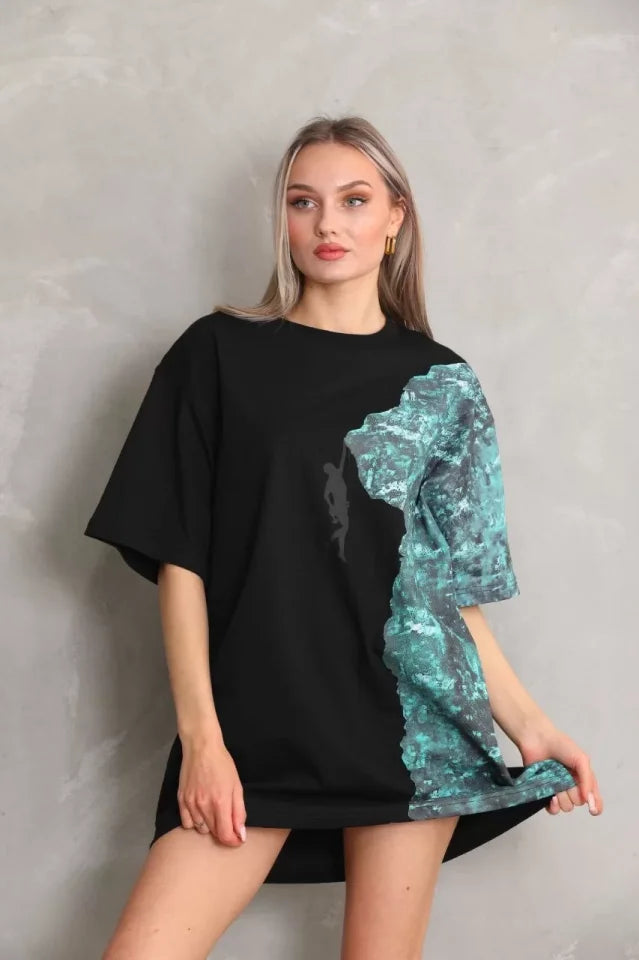 T-shirt Oversize Unisex Z Okrągłym Dekoltem I Nadrukiem - Czarny