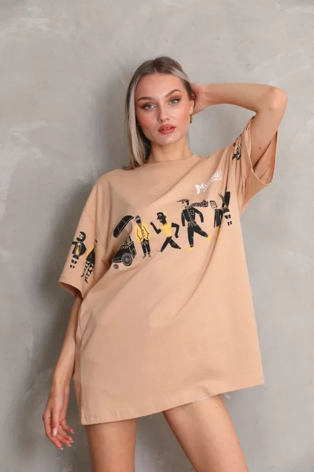 T-shirt Oversize Unisex Z Okrągłym Dekoltem I Nadrukiem - Beżowy