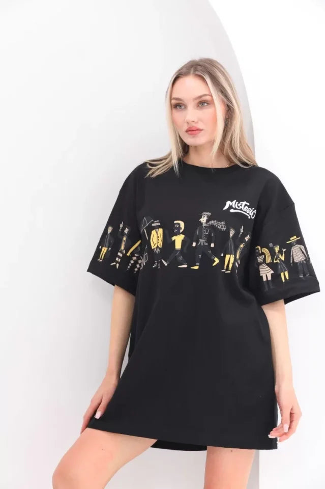 T-shirt Oversize Unisex Z Okrągłym Dekoltem I Nadrukiem - Czarny