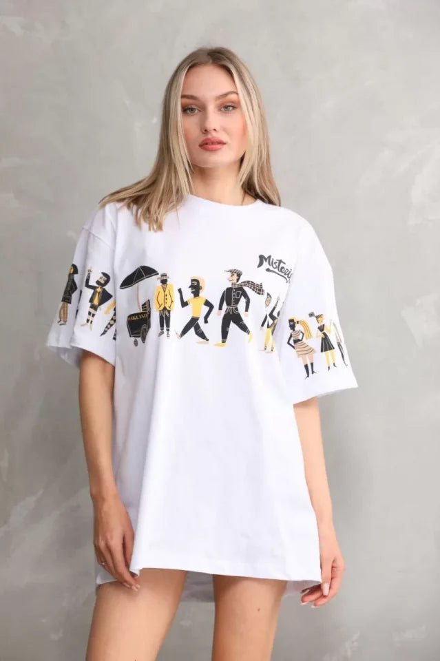 T-shirt Oversize Unisex Z Okrągłym Dekoltem I Nadrukiem - Biały