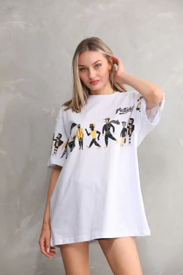 T-shirt Oversize Unisex Z Okrągłym Dekoltem I Nadrukiem - Biały