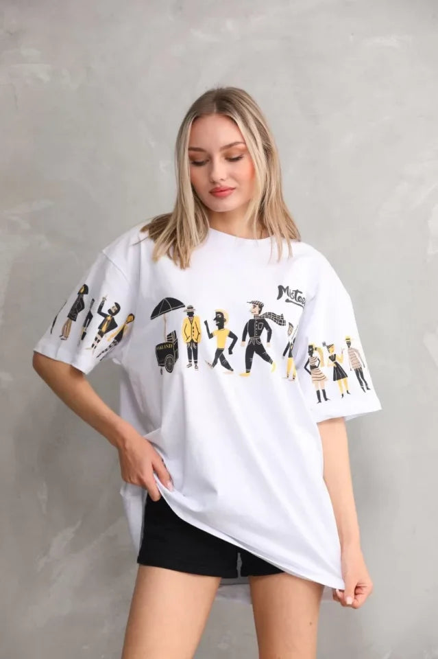 T-shirt Oversize Unisex Z Okrągłym Dekoltem I Nadrukiem - Biały