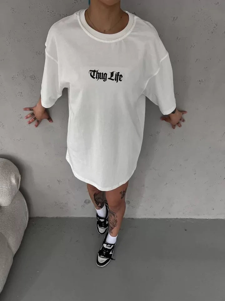 T-shirt Oversize Unisex Z Okrągłym Dekoltem I Nadrukiem - Biały