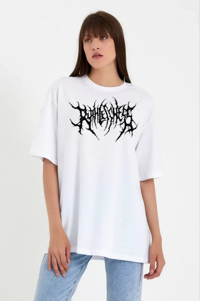 T-shirt Oversize Unisex Z Okrągłym Dekoltem I Nadrukiem - Biały