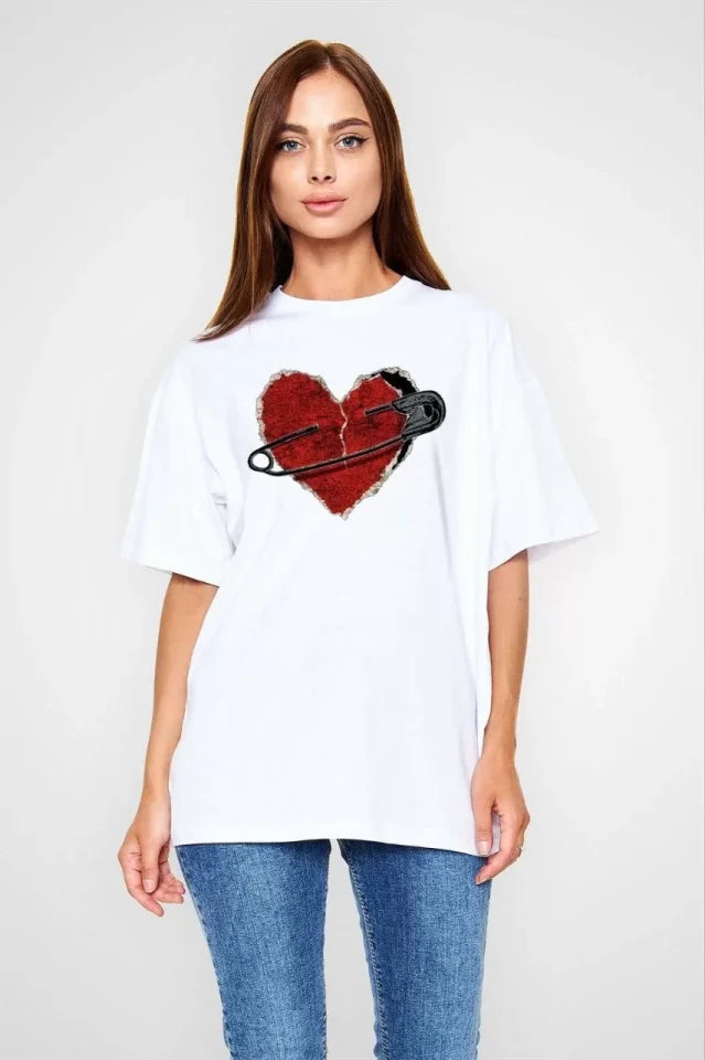 T-shirt Oversize Unisex Z Okrągłym Dekoltem I Nadrukiem - Biały