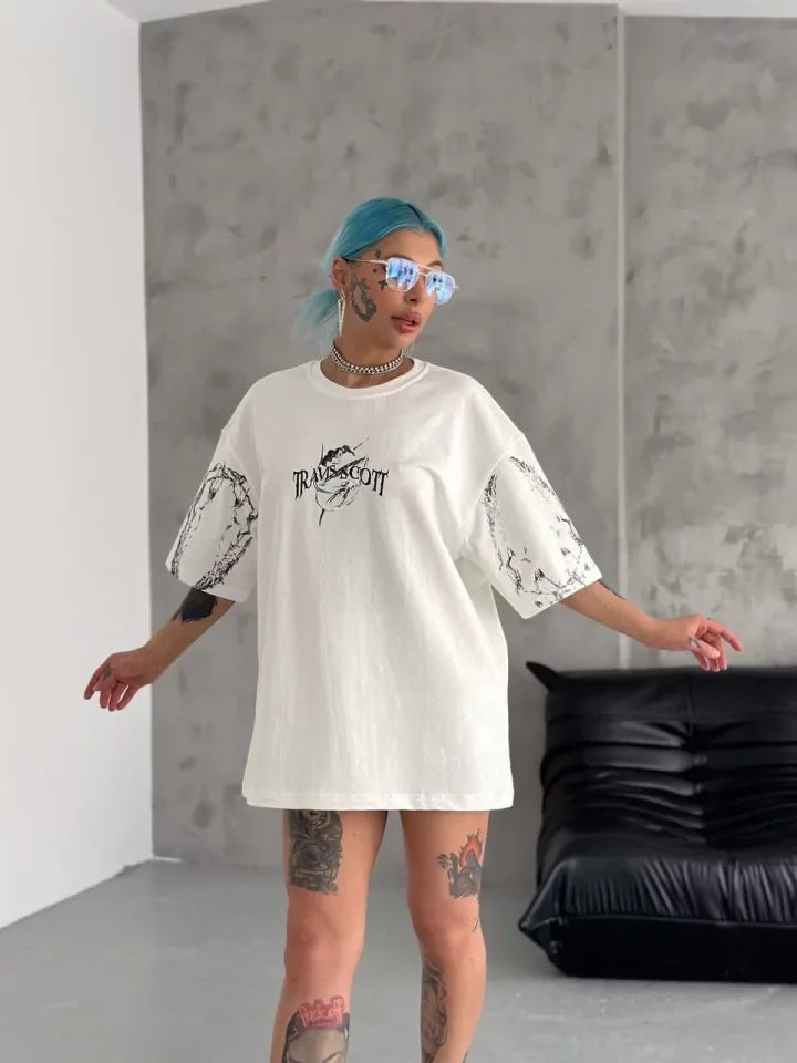 T-shirt Oversize Unisex Z Okrągłym Dekoltem I Nadrukiem - Biały