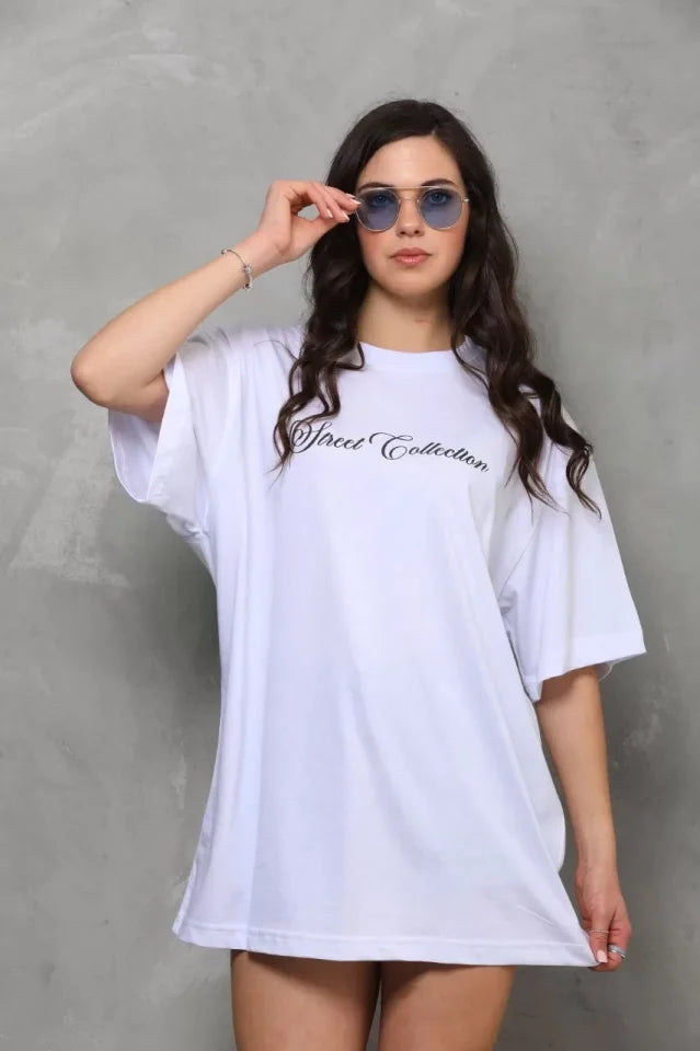 T-shirt Oversize Unisex Z Okrągłym Dekoltem I Nadrukiem - Biały