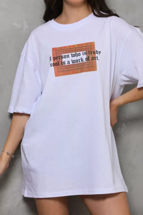 T-shirt Oversize Unisex Z Okrągłym Dekoltem I Nadrukiem - Biały