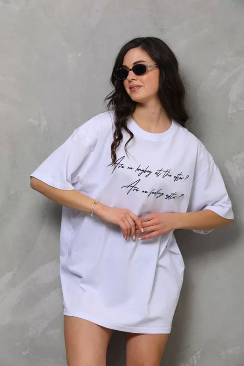 T-shirt Oversize Unisex Z Okrągłym Dekoltem I Nadrukiem - Biały