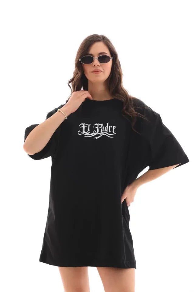 T-shirt Oversize Unisex Z Okrągłym Dekoltem I Nadrukiem - Czarny