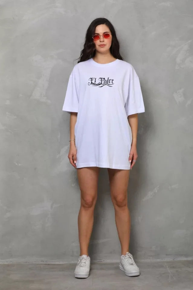 T-shirt Oversize Unisex Z Okrągłym Dekoltem I Nadrukiem - Biały