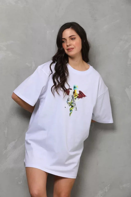 T-shirt Oversize Unisex Z Okrągłym Dekoltem I Nadrukiem - Biały