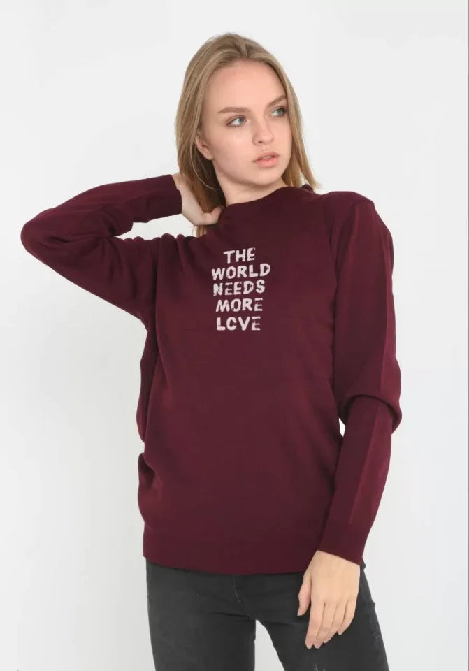 Unisex Sweter Z Okrągłym Dekoltem I Nadrukiem - Claret Red