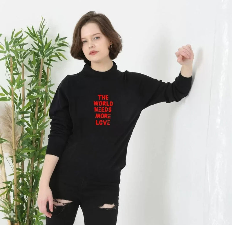 Unisex Sweter Z Okrągłym Dekoltem I Nadrukiem - Czarny