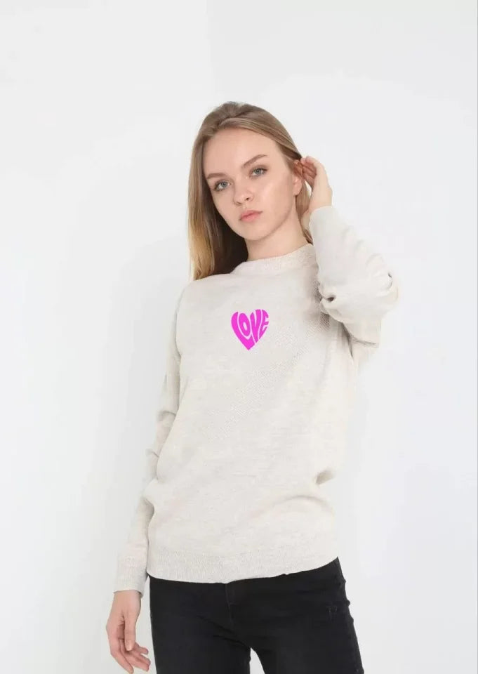 Unisex Sweter Z Okrągłym Dekoltem I Nadrukiem - Beżowy