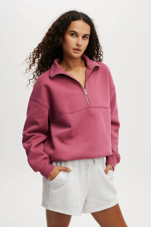 Bluza Oversize Z Półkołnierzykiem Basic - Dusty Rose